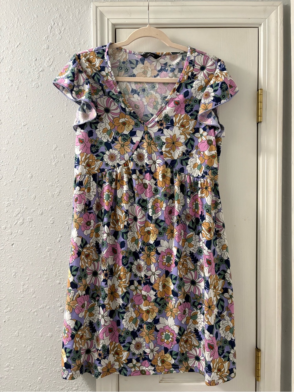 Floral V-Neck Ruffle Sleeve Casual Dress in Pink, Yellow & Green